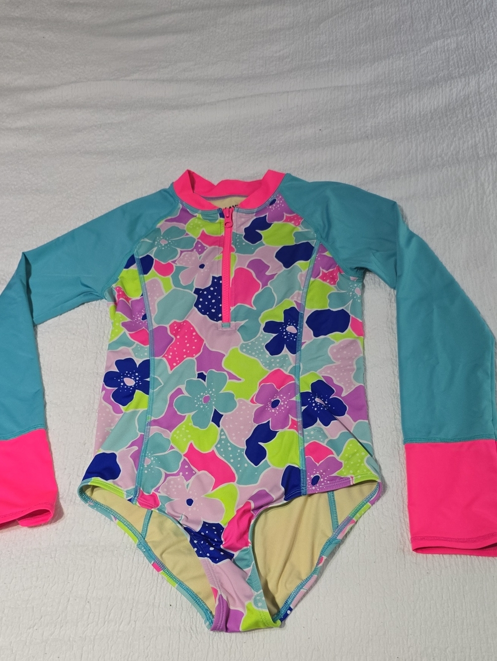 Lands' End Girls' Floral Long-Sleeve One-Piece Swimsuit - Teal, Pink, Lime